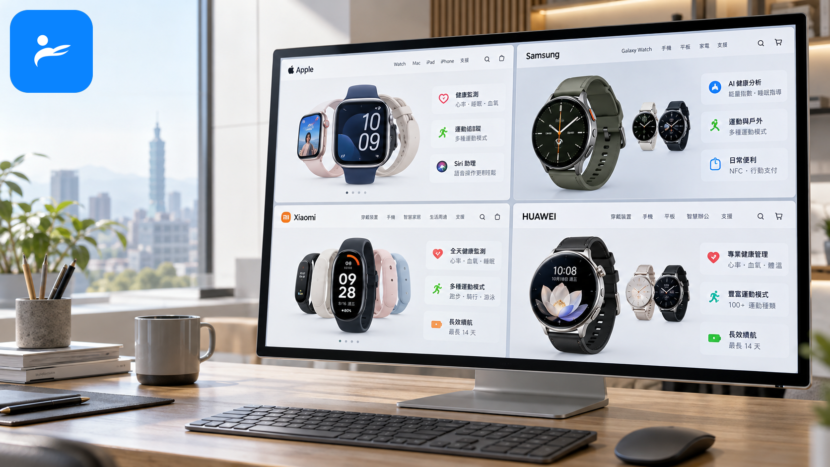 Apple、Samsung、Xiaomi與HUAWEI台灣官方穿戴裝置資料頁顯示在電腦螢幕上