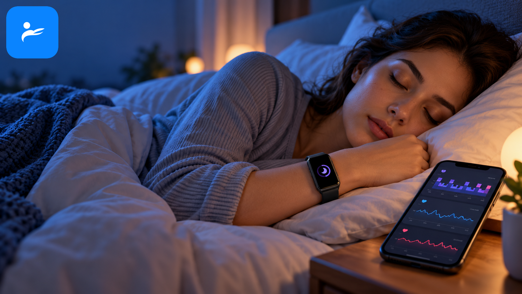 HUAWEI Band 11 戴在睡眠中的使用者手腕上,手機顯示睡眠、HRV 與心率趨勢