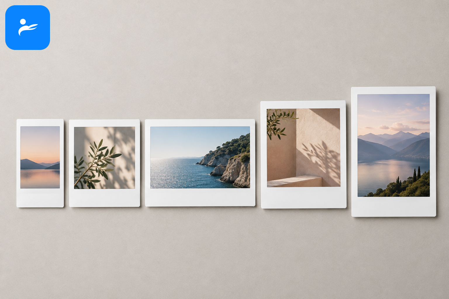 instax mini、SQUARE、WIDE、Polaroid i-Type 與 Canon XC-20L 相紙依實際比例整齊排列