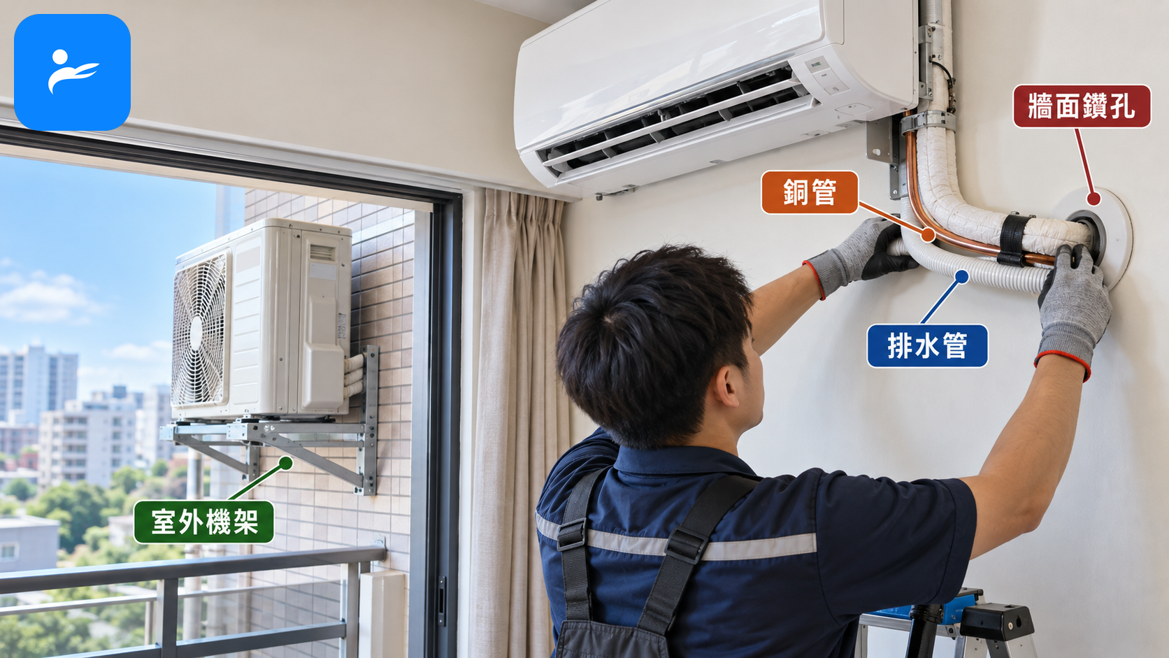 冷氣師傅安裝分離式冷氣,旁邊標示銅管、排水管、室外機架與牆面鑽孔