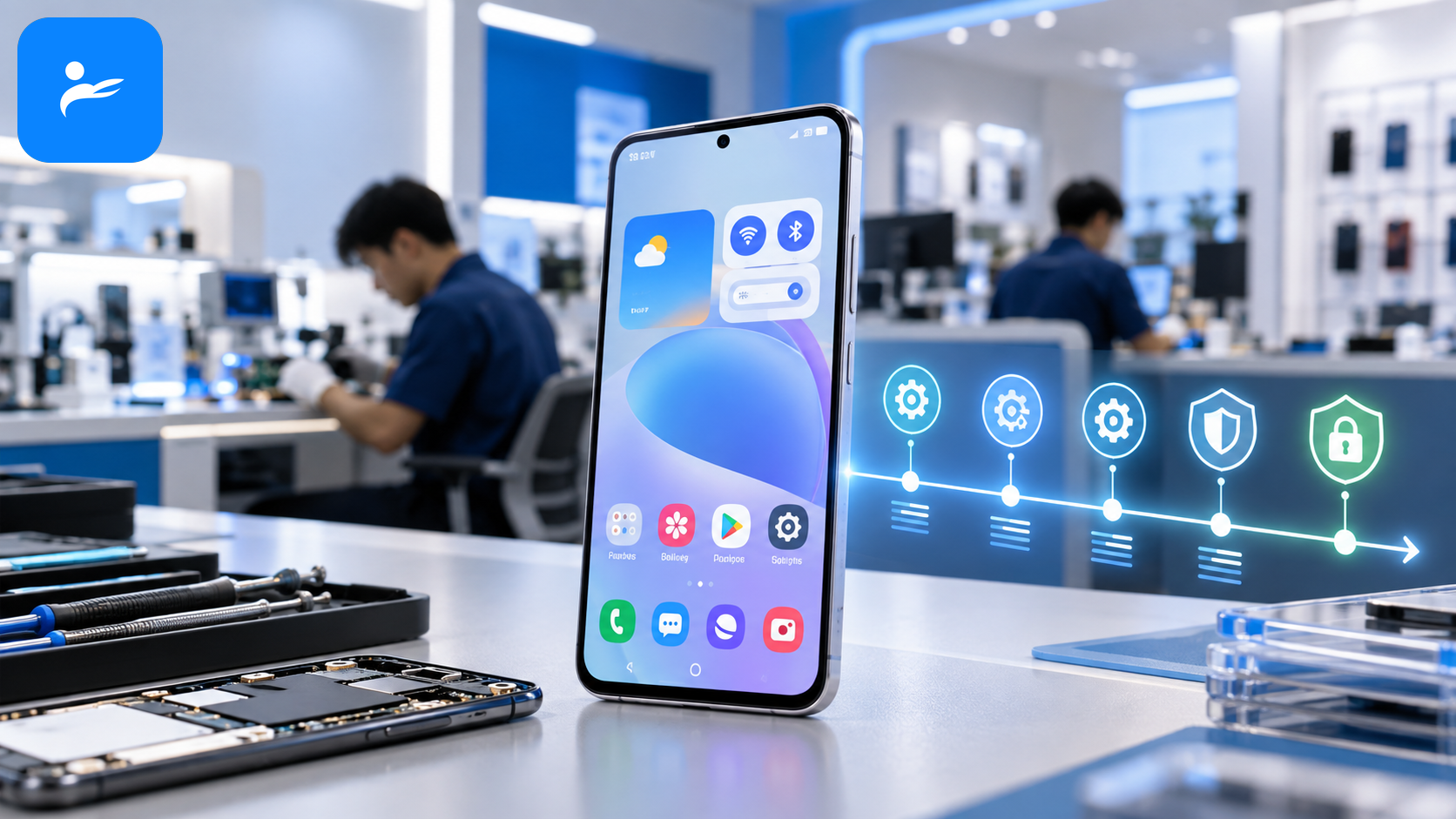 Samsung Galaxy A37 5G顯示One UI介面與多年系統更新時間軸,背景為三星維修門市