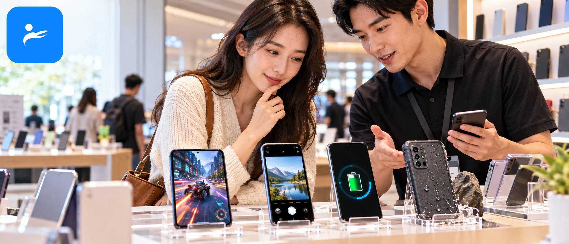 消費者在手機門市依遊戲、拍照、電池與耐用需求比較中階手機