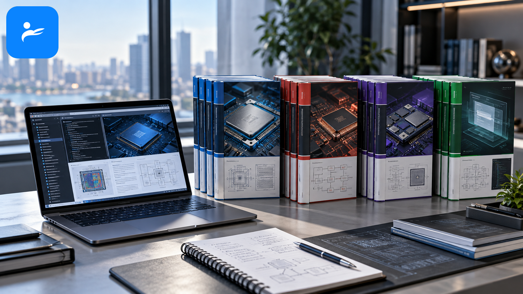 Intel、AMD、Qualcomm與Microsoft官方技術文件排列在筆電旁