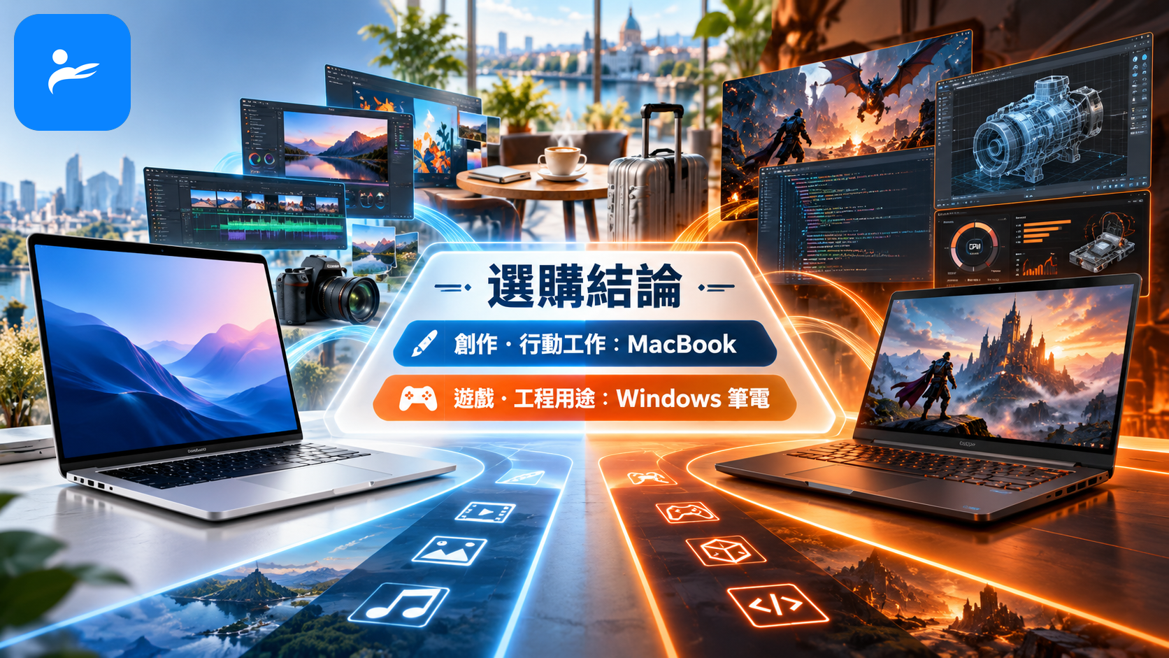 MacBook 與 Windows 筆電分別通往創作行動工作及遊戲工程用途，中央放置清楚的選購結論