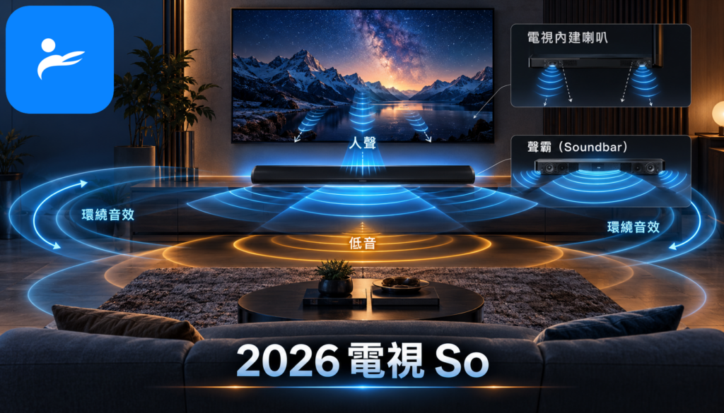 電視內建喇叭與 Soundbar 聲音方向比較示意圖，標出人聲、低音與環繞音效差異