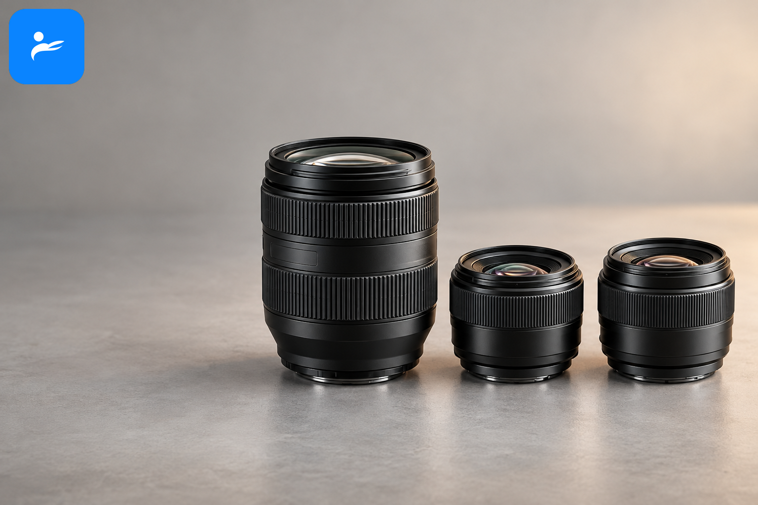 一支標準變焦鏡與35mm、50mm定焦鏡並排，呈現體積與用途差異