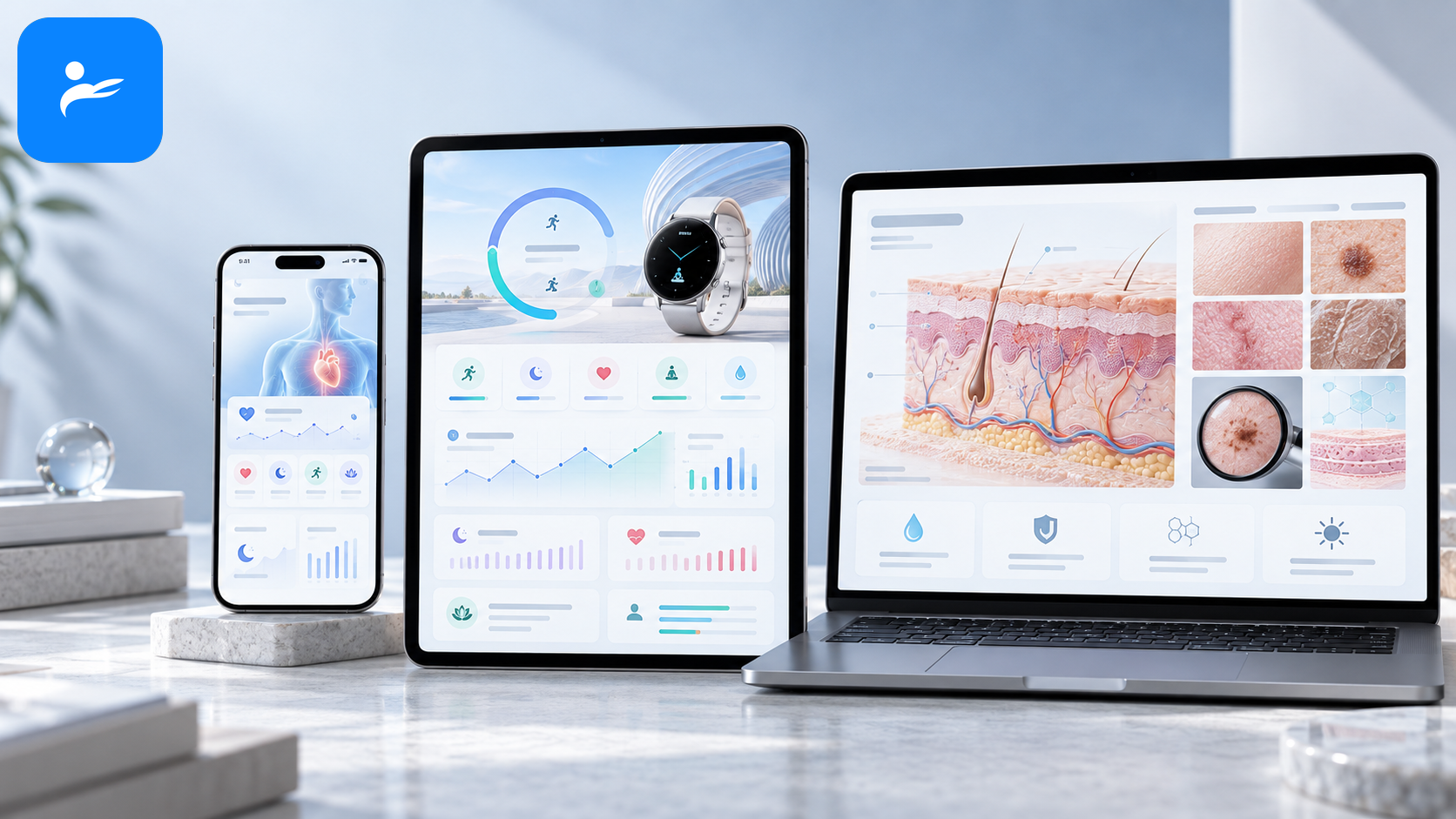 Apple、Samsung 與皮膚健康權威資料頁面並列顯示