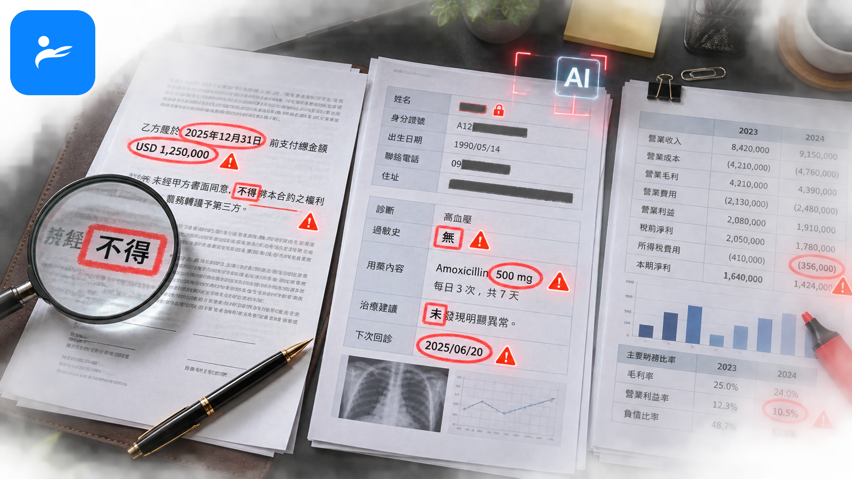 合約、病歷與財務報表上標示AI可能漏譯的數字、否定詞和保密資訊