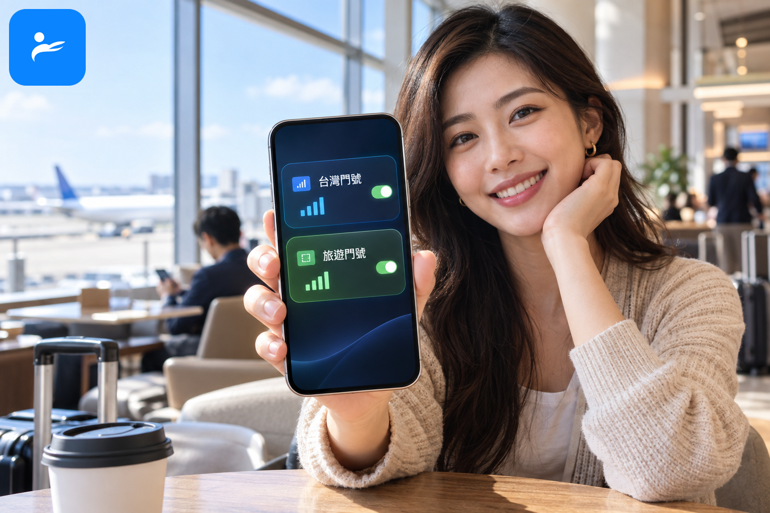 消費者拿著支援雙 eSIM 的手機，畫面顯示台灣門號與旅遊門號並存