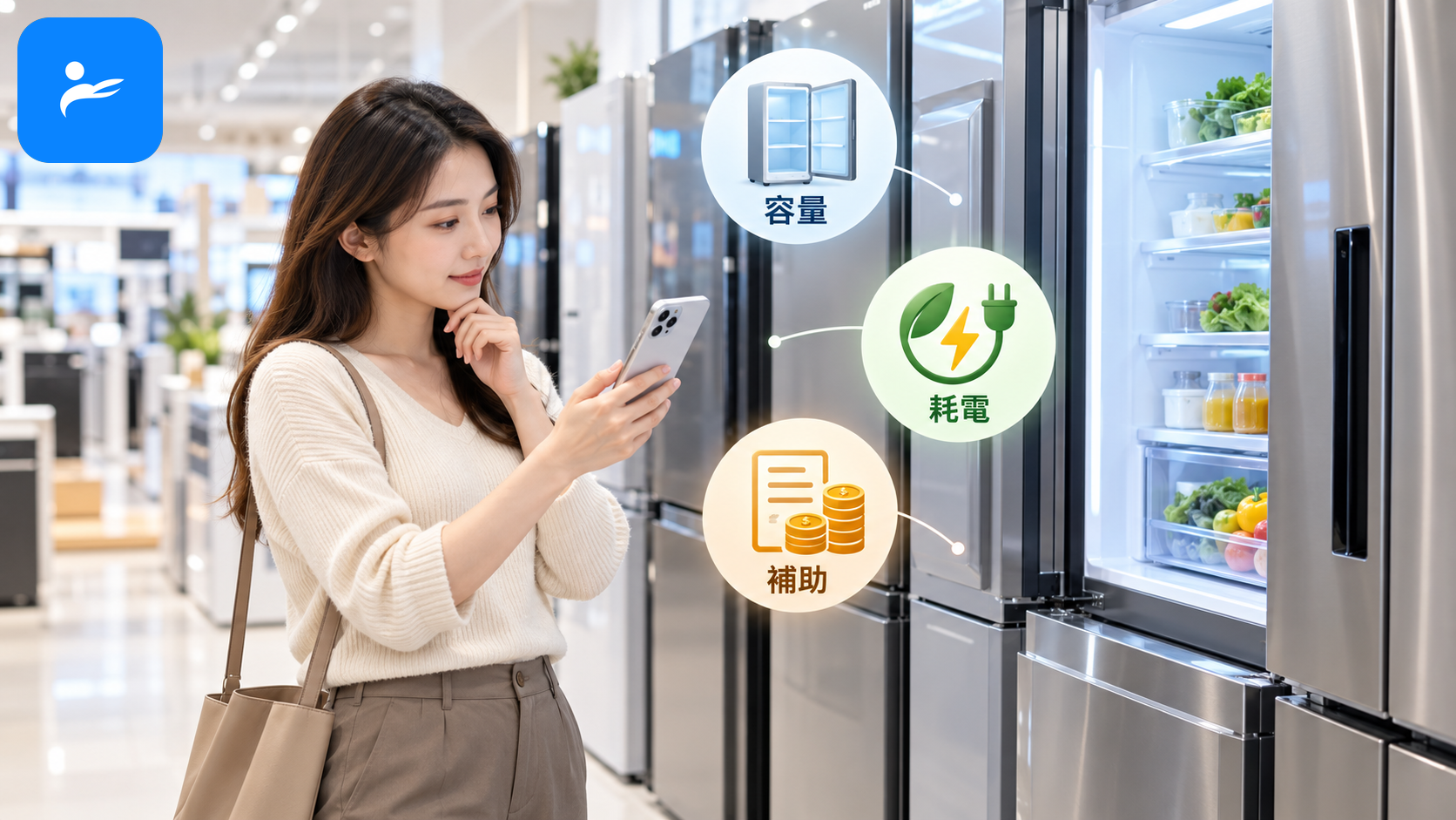 消費者在冰箱賣場用手機查詢常見選購問題,畫面包含容量、耗電與補助圖示