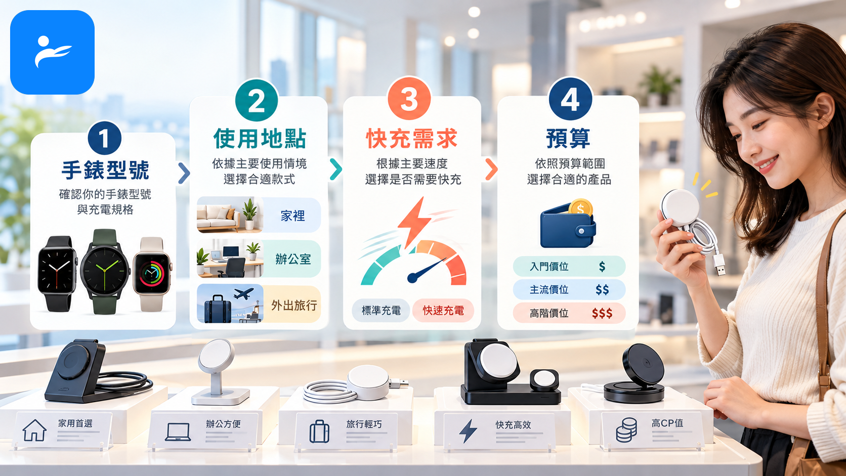 消費者依照手錶型號、使用地點、快充需求與預算完成四步驟選購智慧手錶充電器