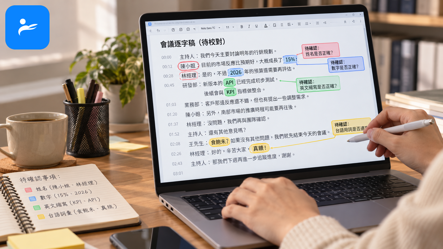 繁體中文會議逐字稿上標示姓名、數字、英文縮寫與台語詞彙等待確認內容