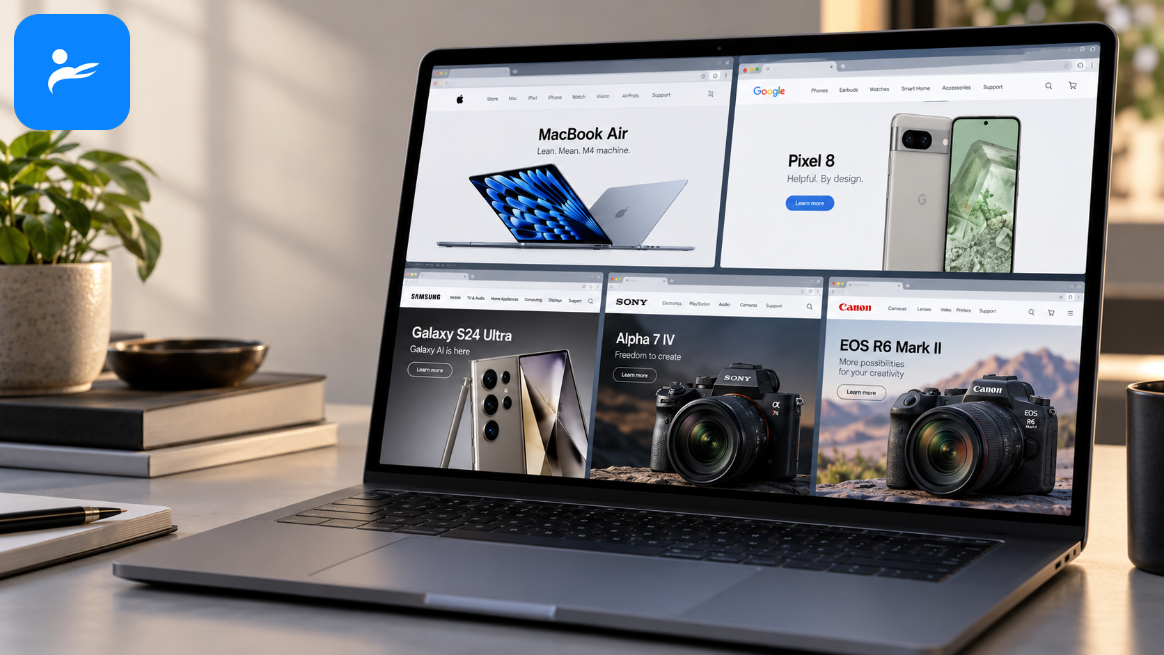 Apple、Google、Samsung、Sony 與 Canon 官方產品資料頁顯示在筆電螢幕上
