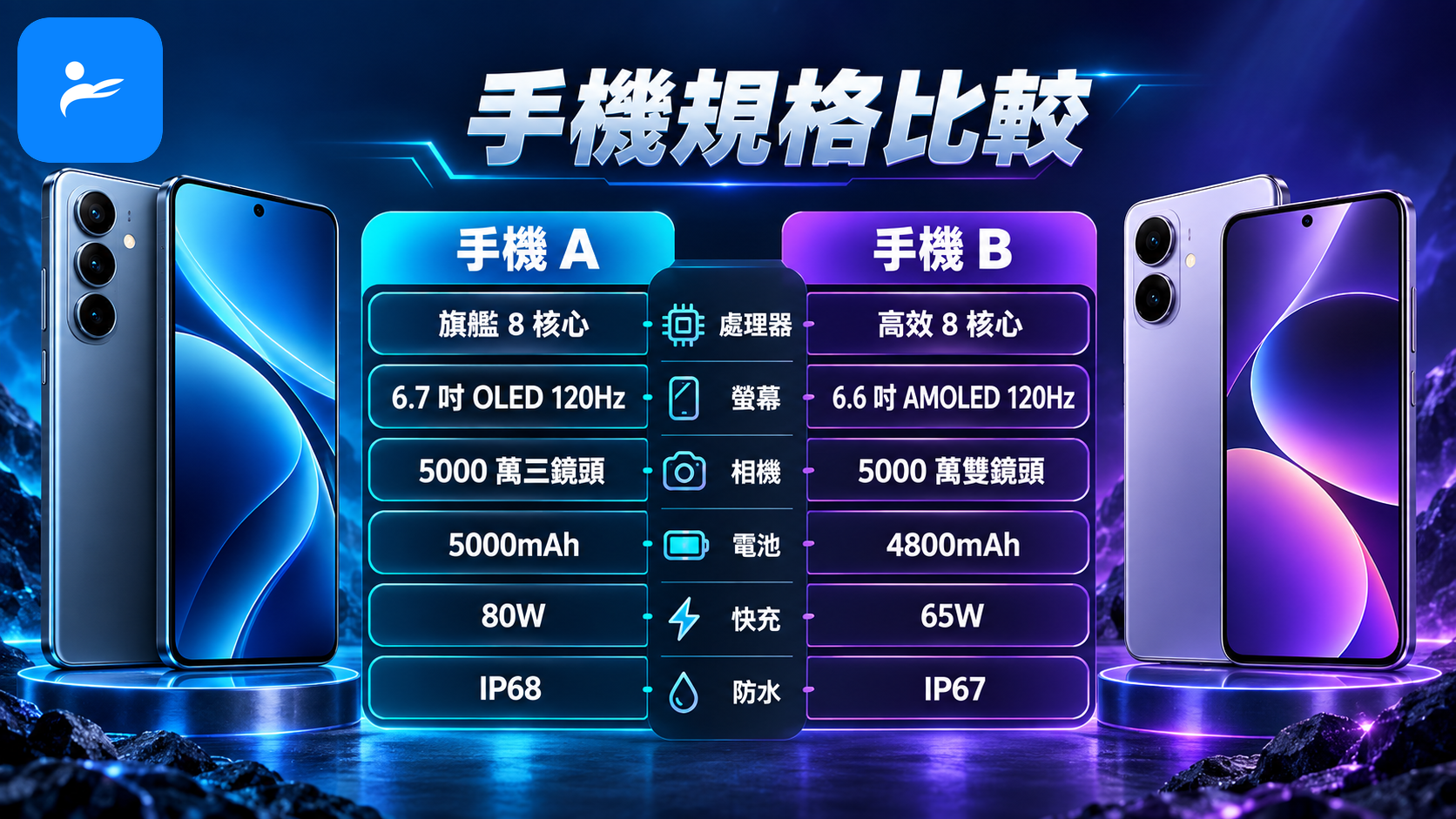 手機規格比較資訊圖,呈現處理器、螢幕、相機、電池、快充與防水差異