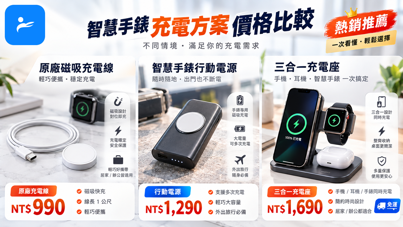 台灣電商風格的智慧手錶充電器價格比較畫面，包含原廠充電線、行動電源與三合一充電座