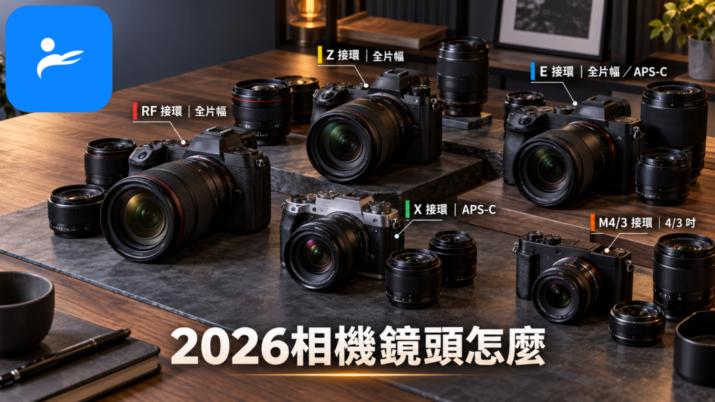 桌面上擺放不同接環的無反相機與鏡頭，旁邊標示接環及感光元件尺寸