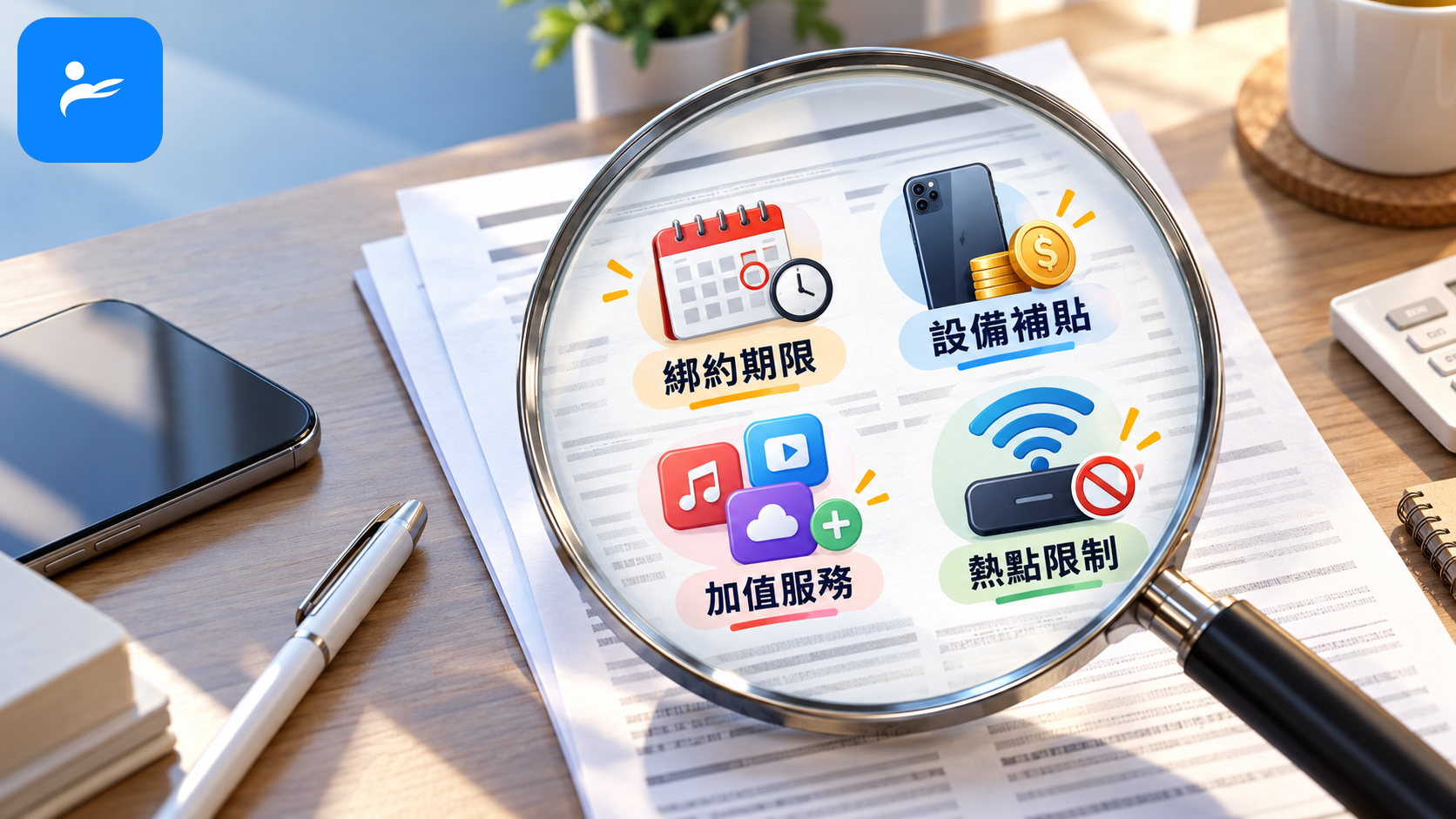 放大鏡檢查電信合約中的綁約期限、設備補貼、加值服務與熱點限制
