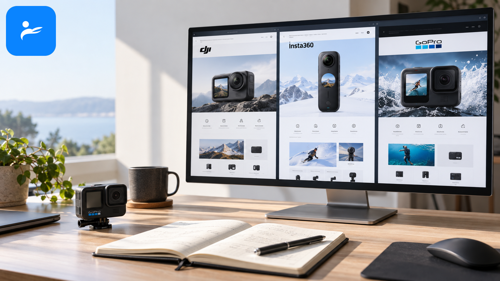 電腦畫面顯示 DJI、Insta360 與 GoPro 官方產品規格頁,旁邊放著相機與筆記本