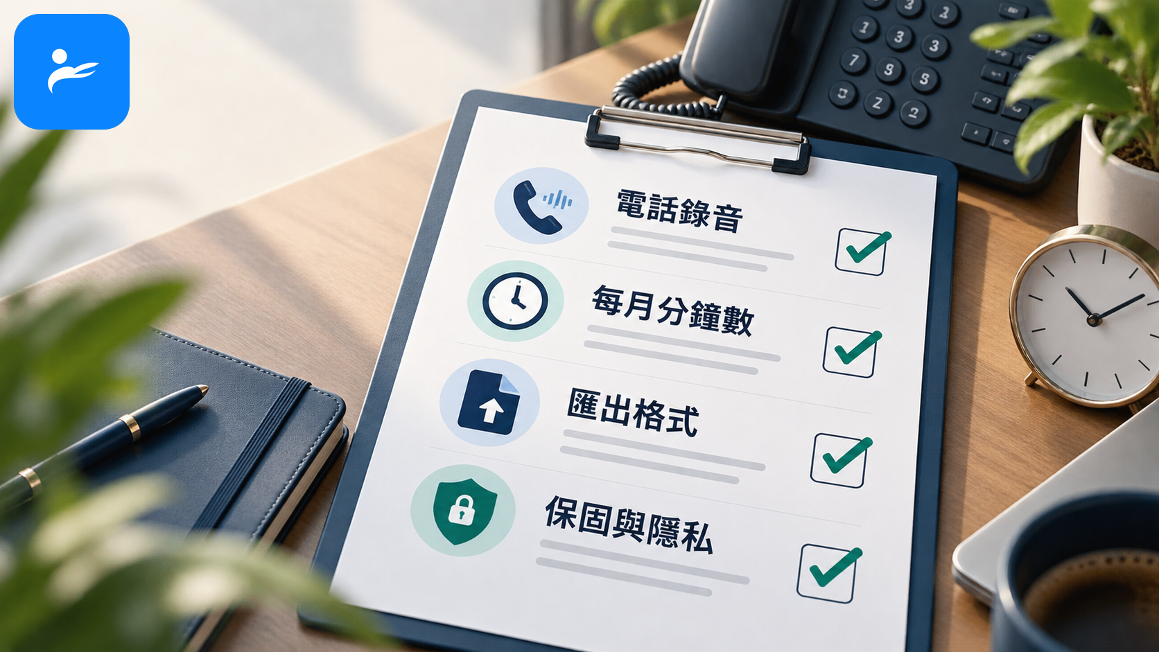 購買前檢查表,逐項確認電話錄音、每月分鐘數、匯出格式、保固與隱私