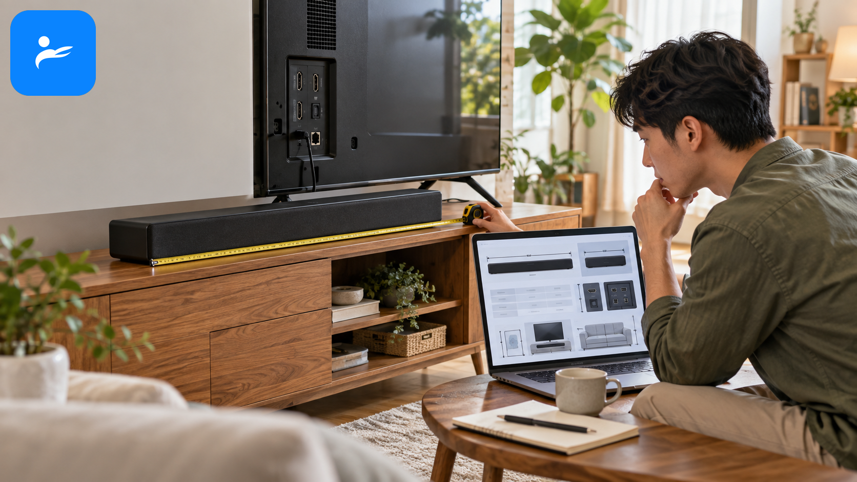 消費者在家比較 Soundbar 規格、電視端子與客廳空間的情境