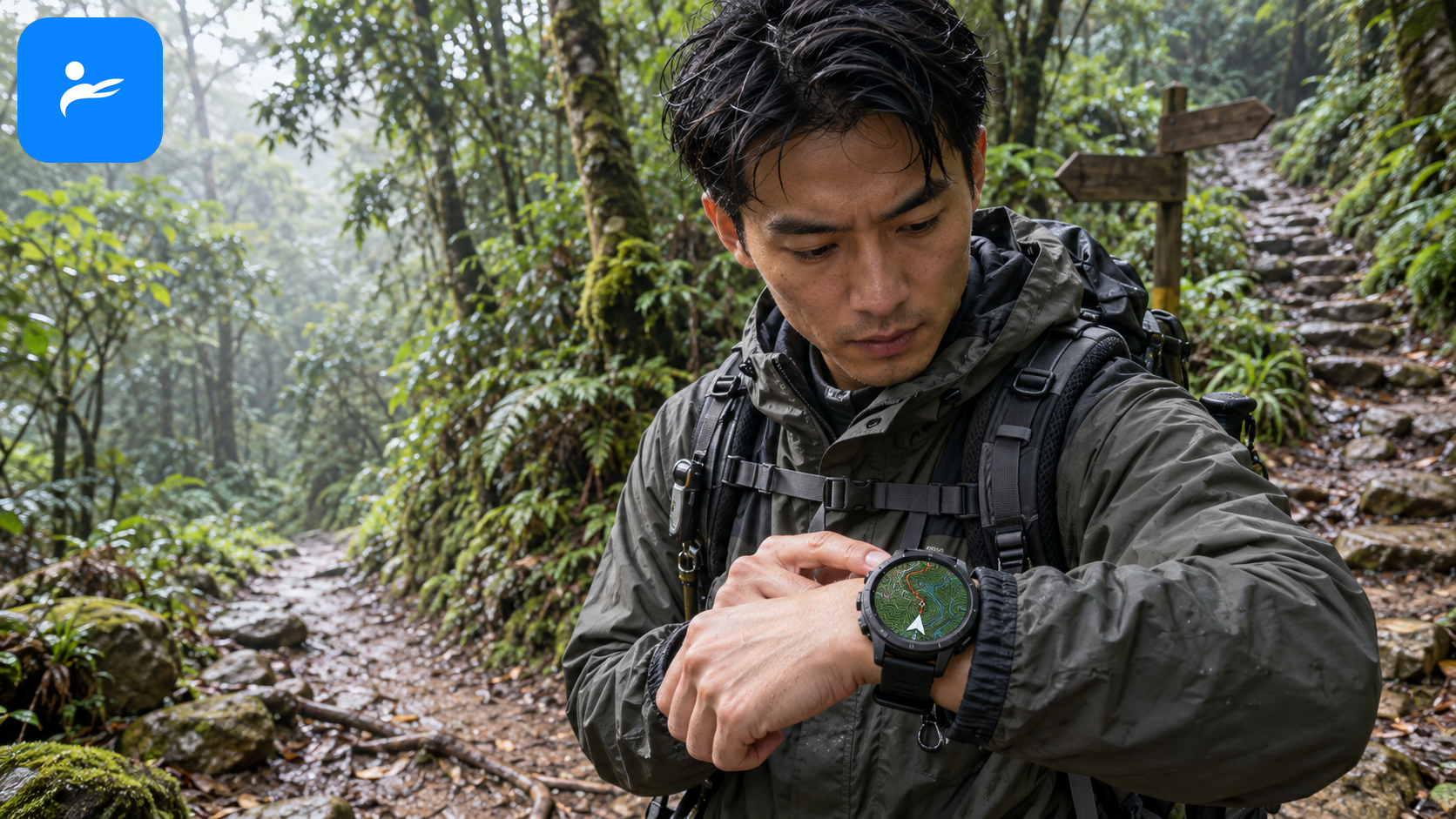 登山者在台灣山林岔路查看運動手錶的離線等高線地圖與返航箭頭