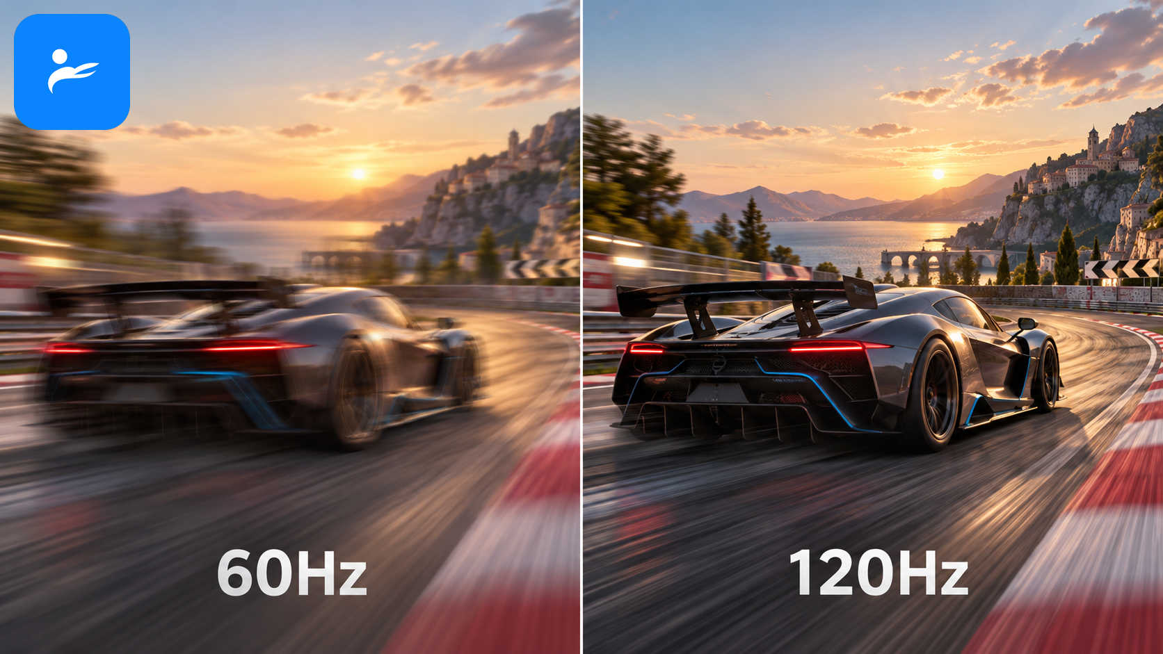 左右比較 60Hz 與 120Hz 賽車遊戲動態畫面，右側移動物體輪廓更清楚