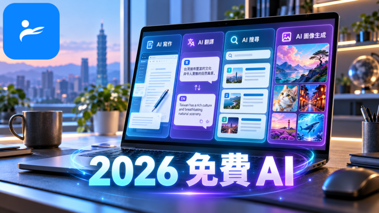 筆電畫面同時顯示 AI 寫作、翻譯、搜尋與圖片生成工具的功能比較