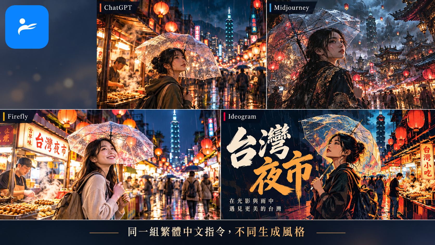 同一組繁體中文指令在 ChatGPT、Midjourney、Firefly 與 Ideogram 生成不同風格圖片的比較畫面