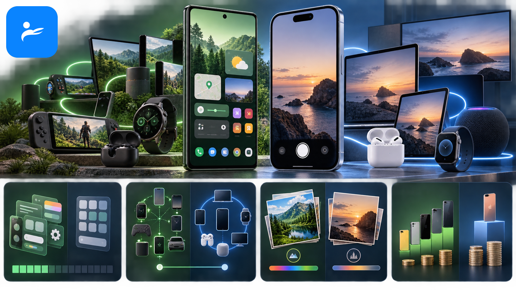 Android 與 iPhone 左右對照,呈現系統自由度、生態系、相機與價格差異