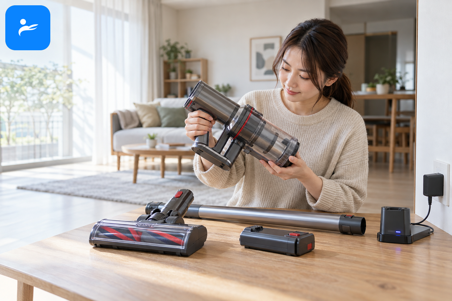 消費者在家驗收無線吸塵器,檢查刷頭、集塵盒、電池與充電功能