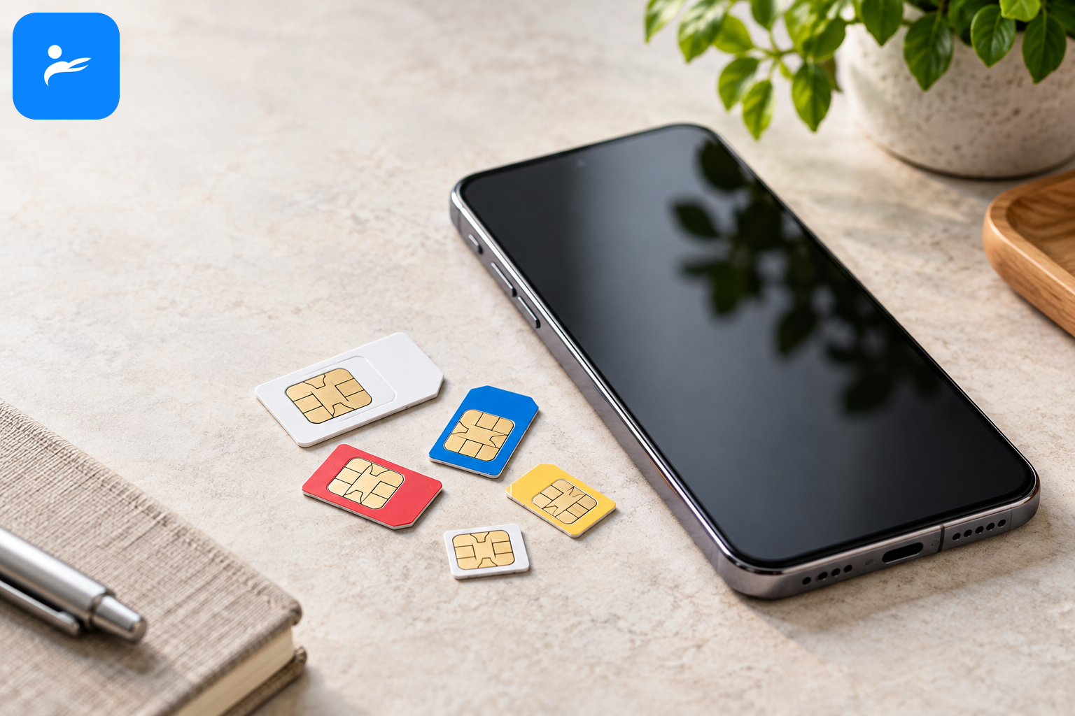 無綁約空機旁放著多家電信 SIM 卡,象徵可自由選擇門號