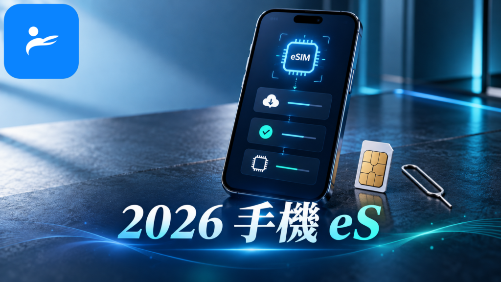 手機畫面顯示加入 eSIM，旁邊放著傳統實體 SIM 卡與退卡針的比較圖