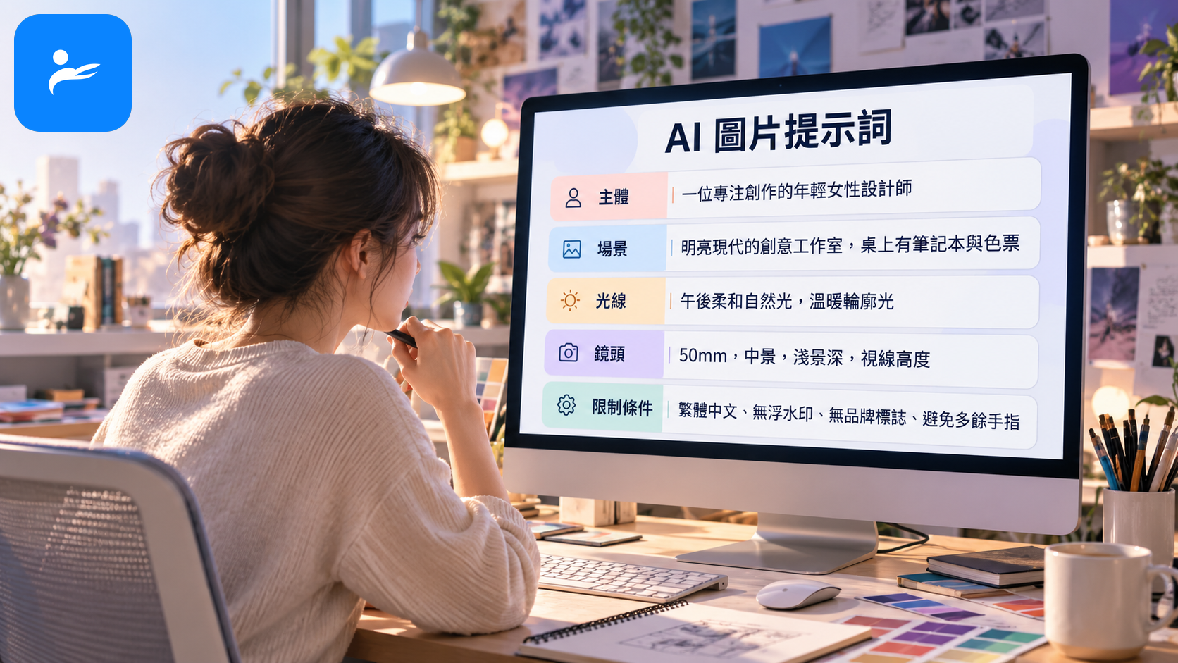 螢幕上顯示結構清楚的繁體中文 AI 圖片提示詞,分成主體、場景、光線、鏡頭及限制條件