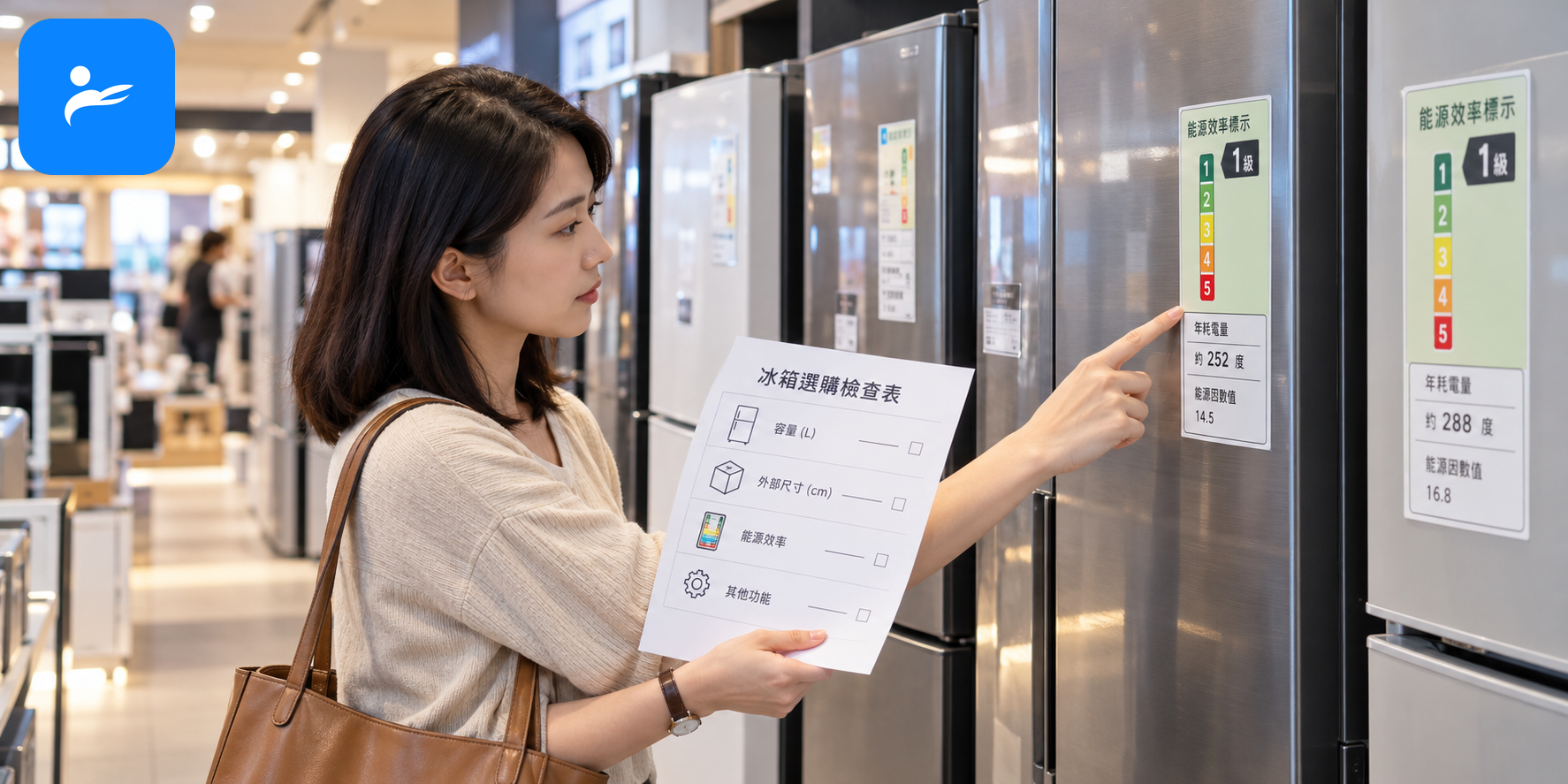 消費者拿著冰箱選購檢查表,在台灣家電賣場比較容量、尺寸與能源標籤