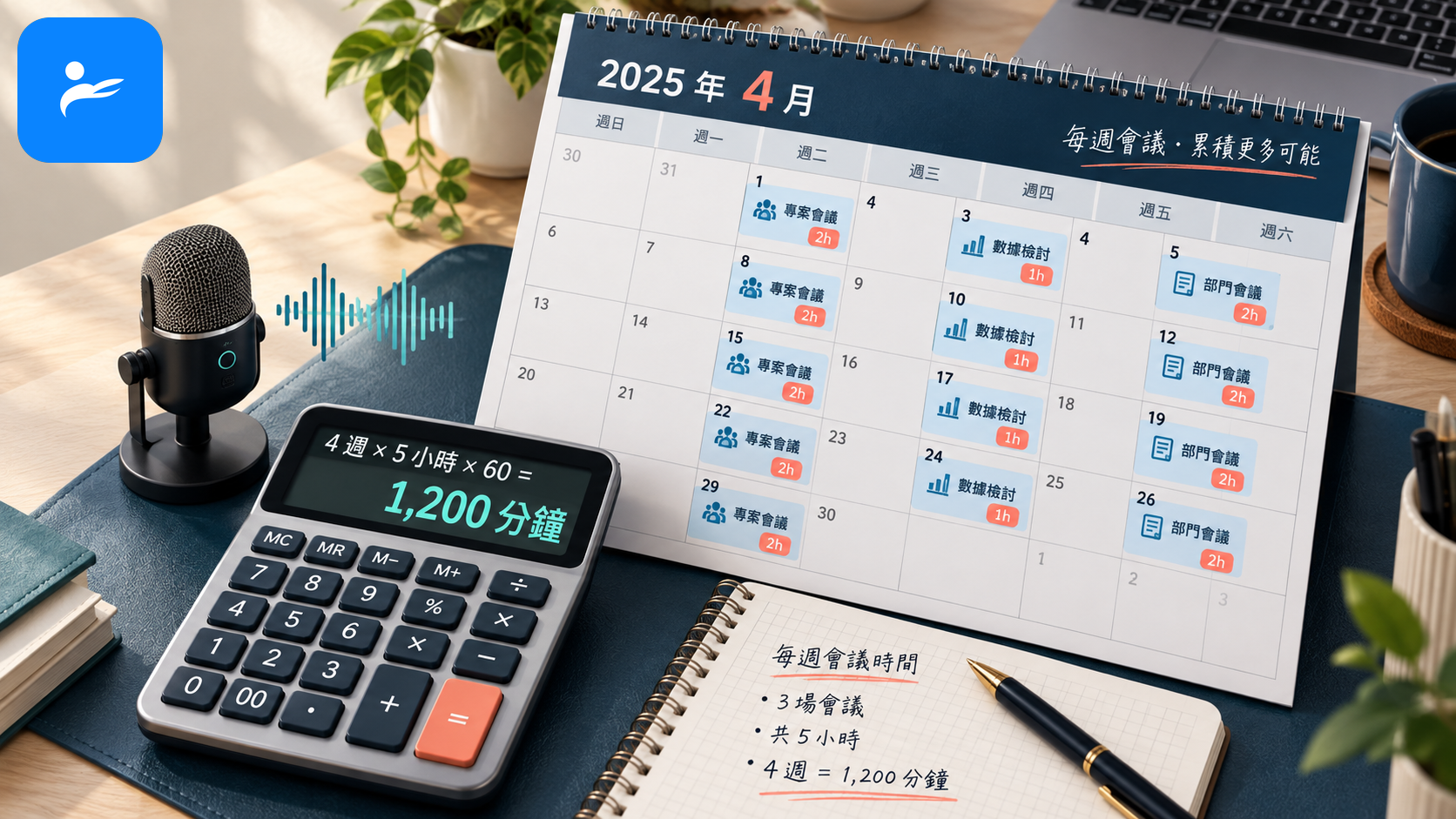 月曆上標出每週會議時數,旁邊用計算機換算每月語音轉文字分鐘數
