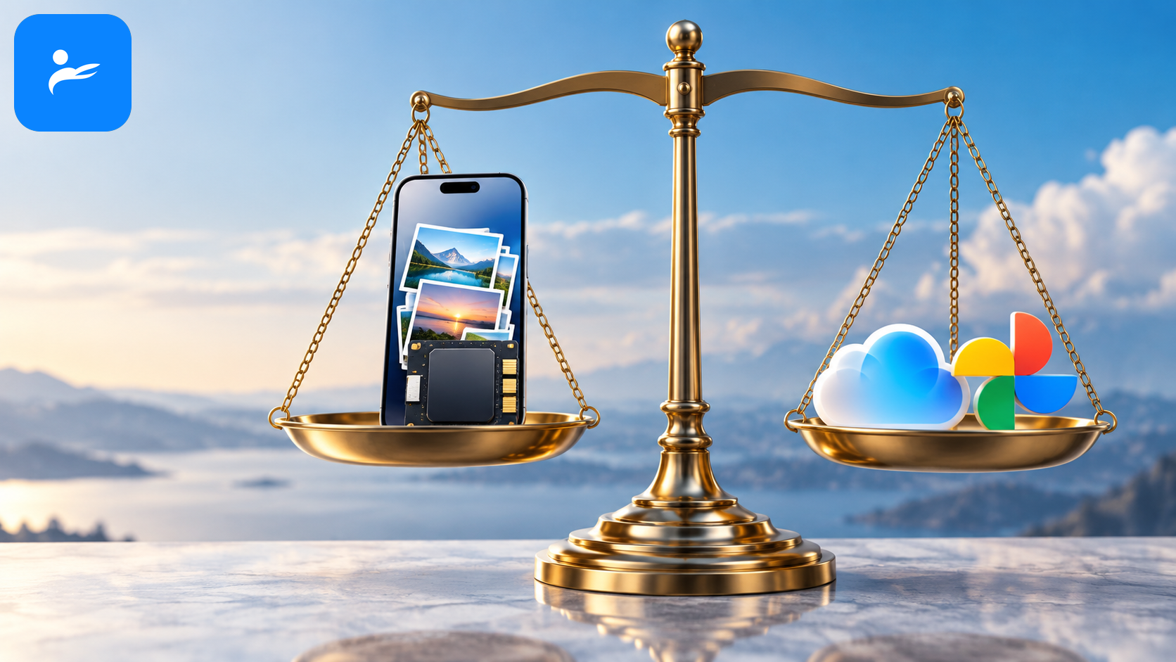 手機內建儲存空間與 iCloud、Google 相簿雲端圖示放在天平兩端