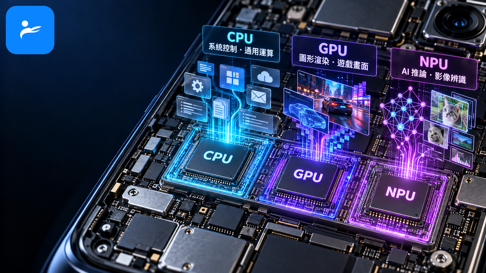 手機晶片剖面圖，標示 CPU、GPU、NPU 各自負責的運算工作