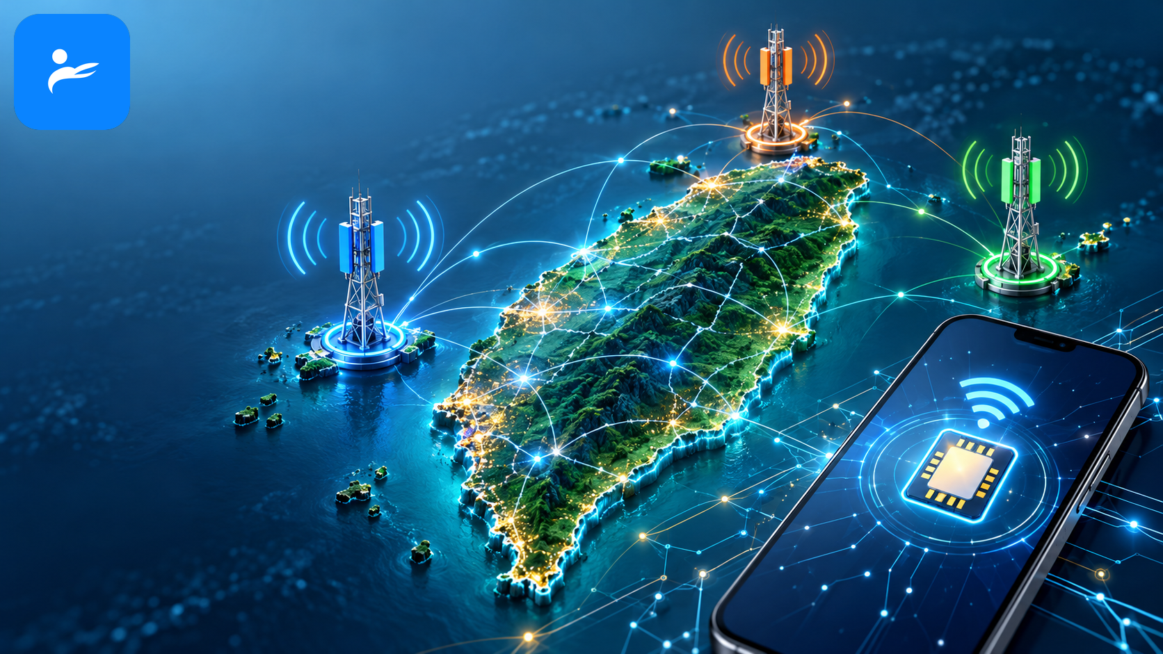 台灣地圖搭配中華電信、台灣大哥大與遠傳電信基地台及 eSIM 手機示意