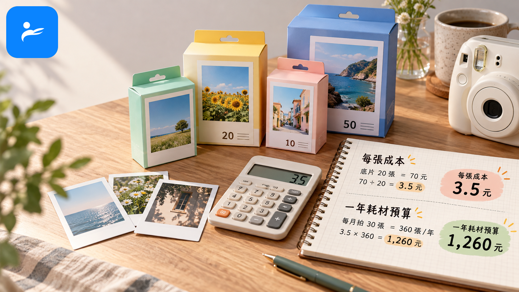 不同拍立得底片包裝與計算機,畫面呈現每張成本及一年耗材預算