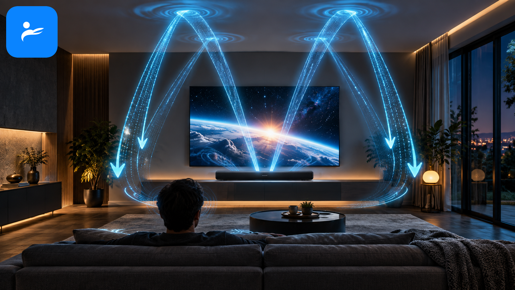 Dolby Atmos 高度音效示意圖,聲音從 Soundbar 向天花板反射到沙發座位