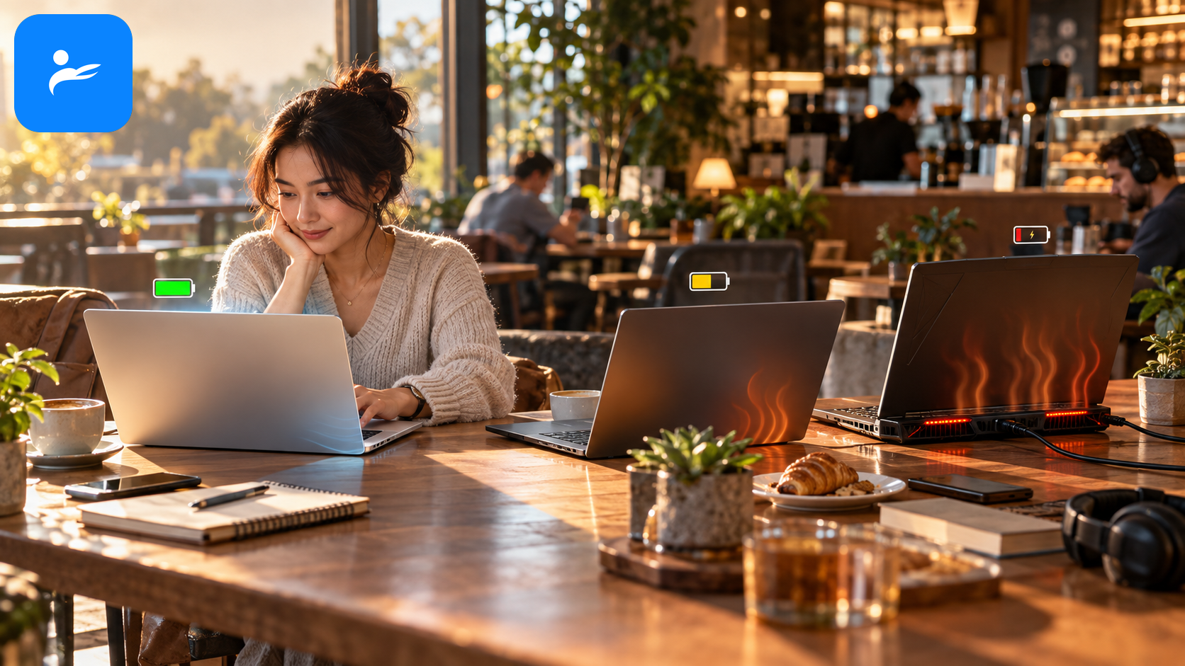 咖啡店中長時間使用 MacBook Air，旁邊比較 Windows 輕薄筆電與電競筆電的續航和散熱