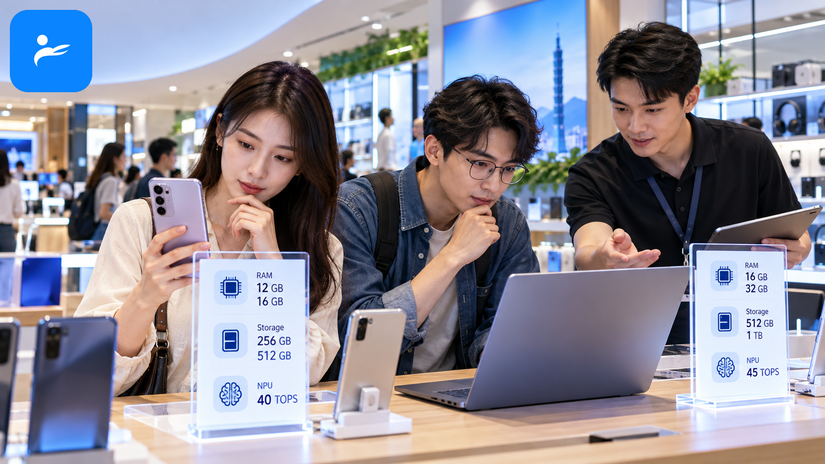 台灣消費者在賣場比較 AI 手機與 Copilot Plus PC 的記憶體、容量及 NPU 規格