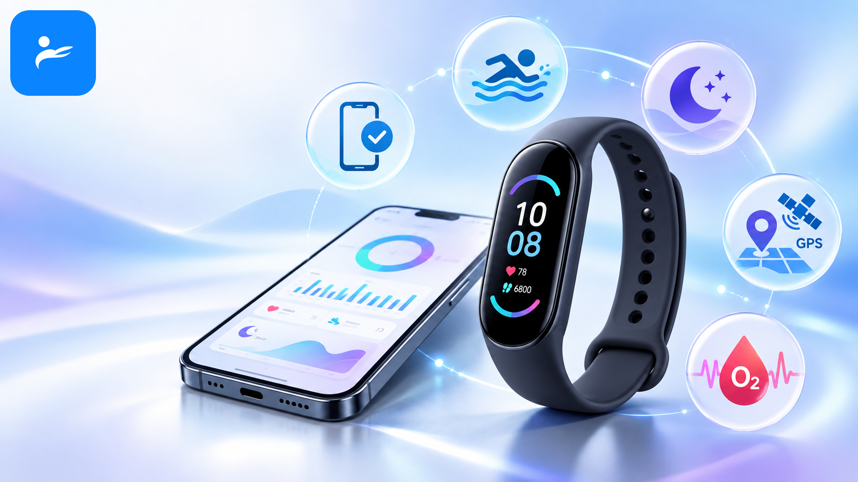 使用者查看智慧手環常見問題,畫面包含手機相容性、游泳、睡眠、GPS 與血氧圖示