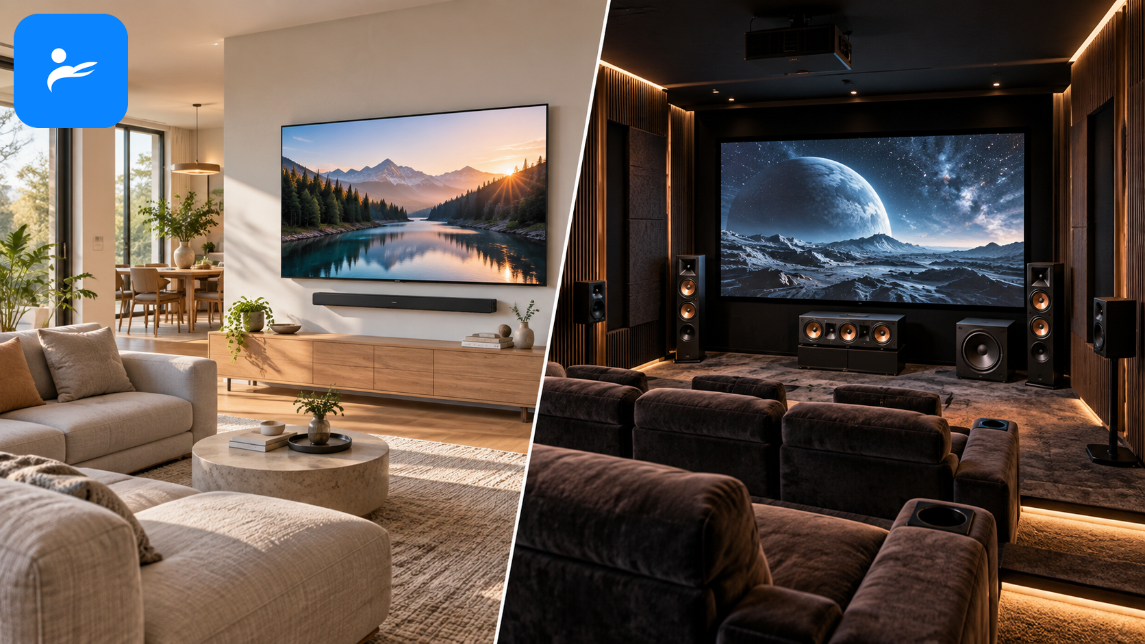 適合 Soundbar 的一般客廳與適合分離式家庭劇院的專用視聽室對照圖