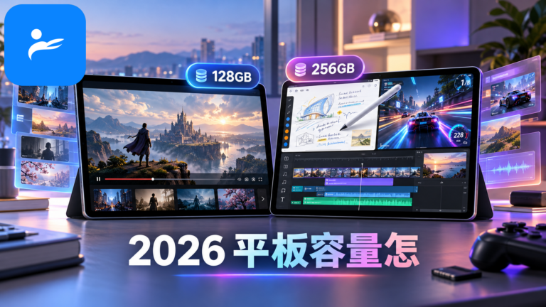 128GB與256GB平板並排,畫面呈現追劇、筆記、遊戲與影片剪輯等不同用途
