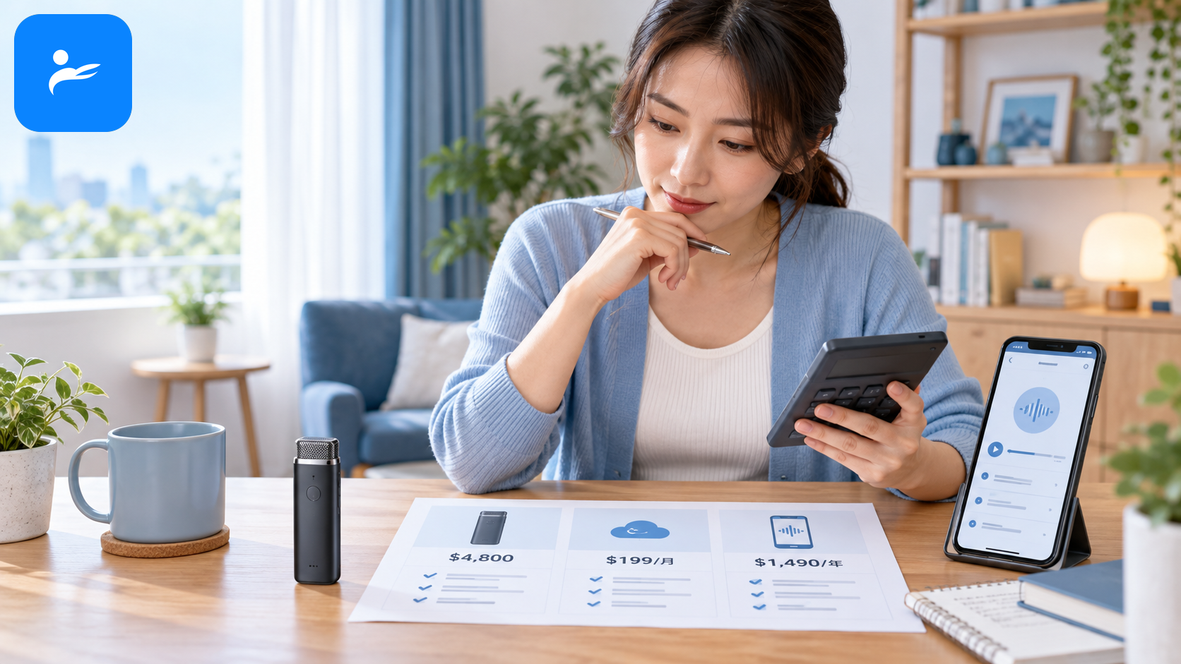 消費者拿著計算機,比較 AI 錄音筆硬體費、訂閱費與手機 App 年費