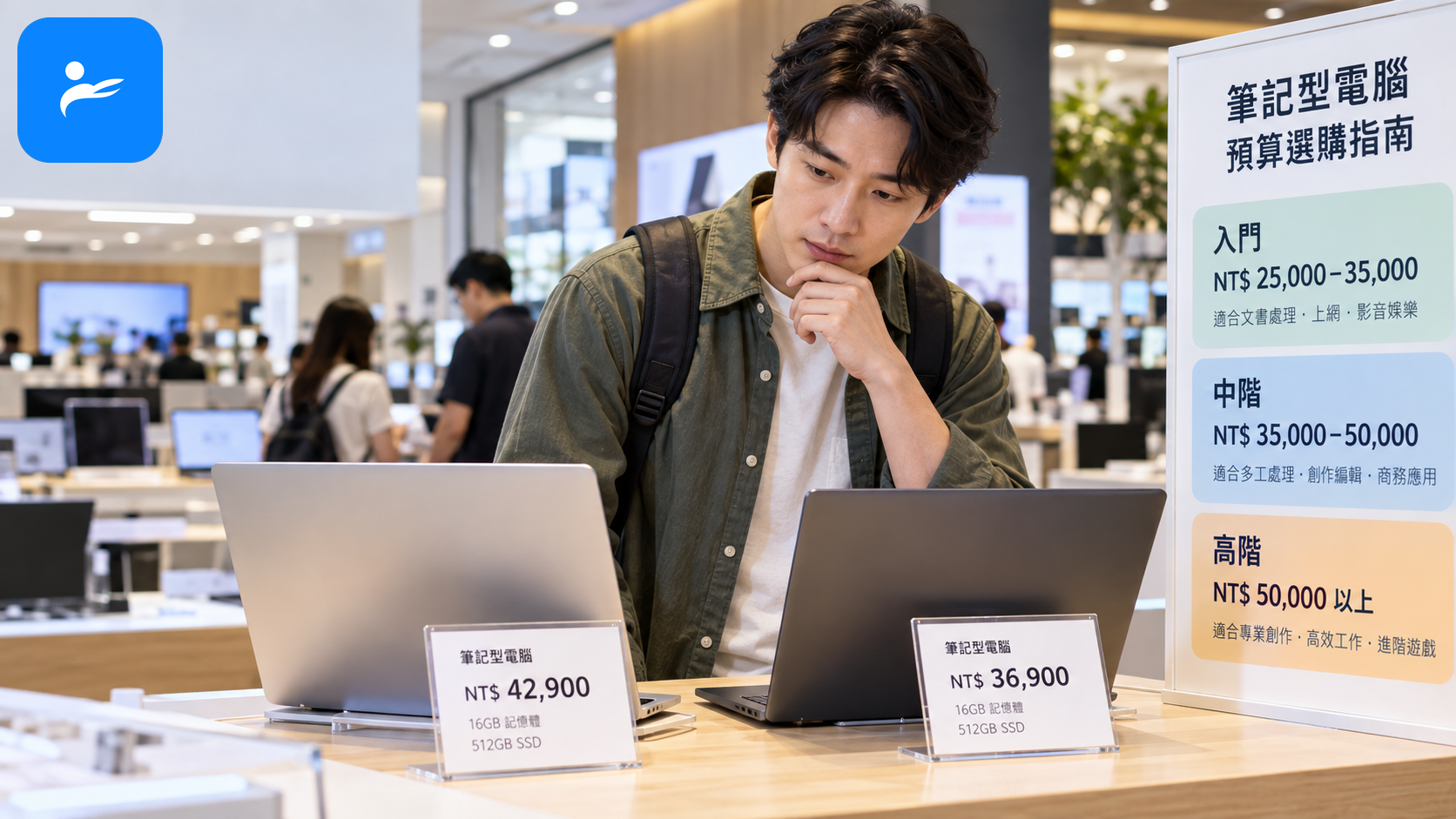 台灣消費者查看 MacBook 與 Windows 筆電價格標籤，旁邊有新台幣預算分級