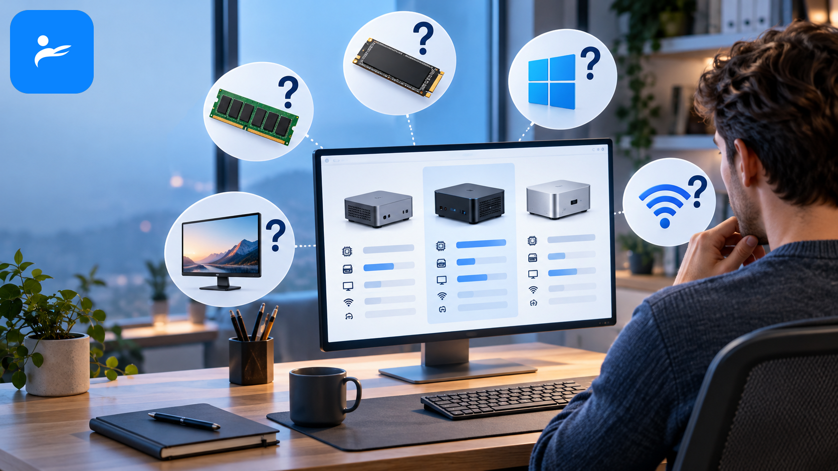 消費者查看 Mini PC 規格頁面,周圍排列記憶體、SSD、Windows、螢幕和 Wi-Fi 問號圖示