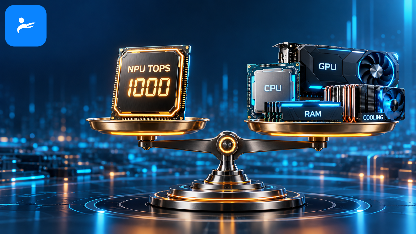 NPU TOPS數字與CPU、GPU、記憶體、散熱共同影響效能的天平示意圖