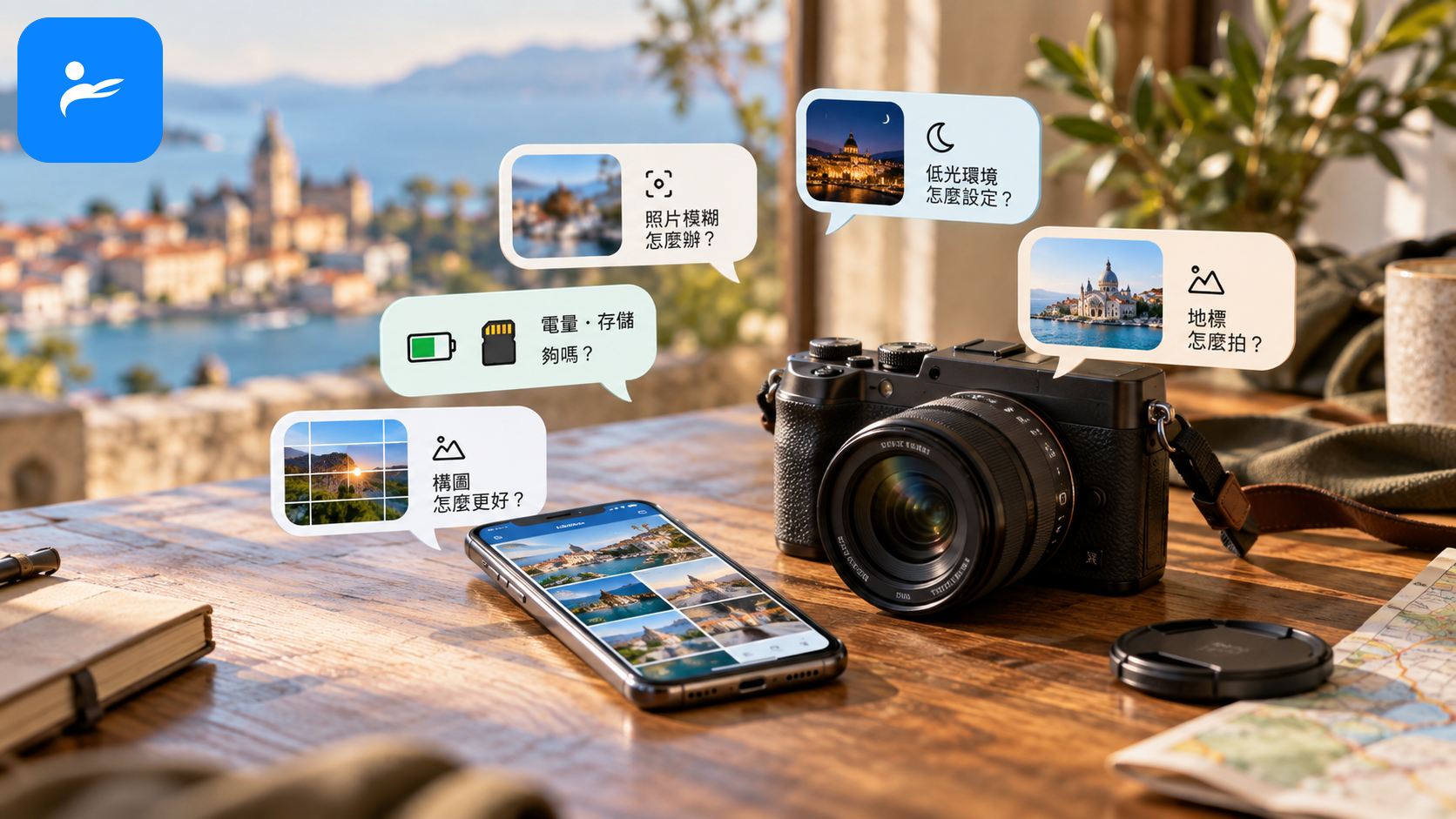 手機與相機放在桌上,旁邊呈現旅遊攝影常見問題對話框